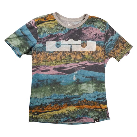 Nike LeBron Dri-Fit Tee Size M Multicolor Landscape Print Athletic Cut - Picture 1 of 3